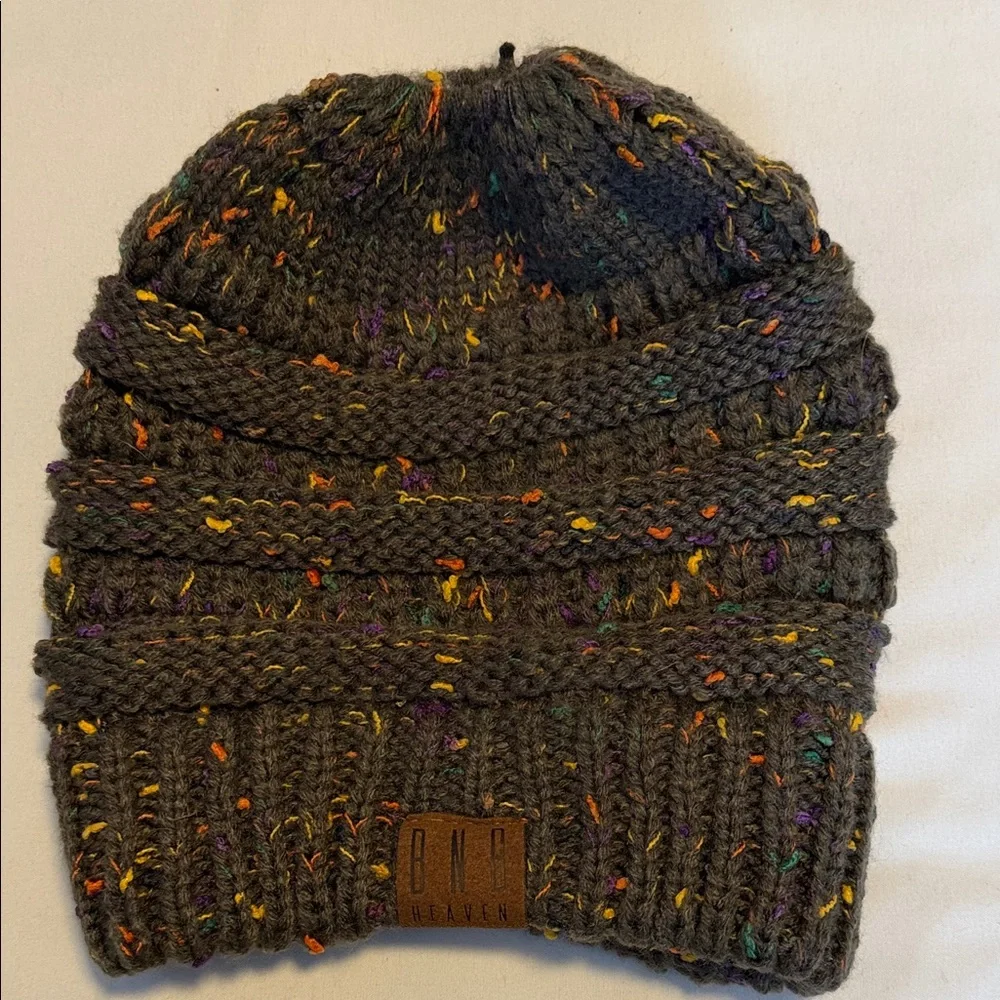 BNB Heaven Knit Beanie with hole on top for pony. New Never Worn